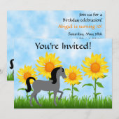 Hübsche Sonnenblumen & Pferde Einladung zum Geburt (Vorne/Hinten)