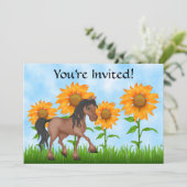 Hübsche Sonnenblumen & Pferde Einladung zum Geburt (Stehend Vorderseite)