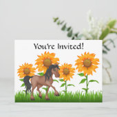 Hübsche Sonnenblumen & Pferde Einladung zum Geburt (Stehend Vorderseite)