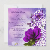 Hübsche Spitze Lila Butterfly Blume Geburtstag Einladung (Rückseite)