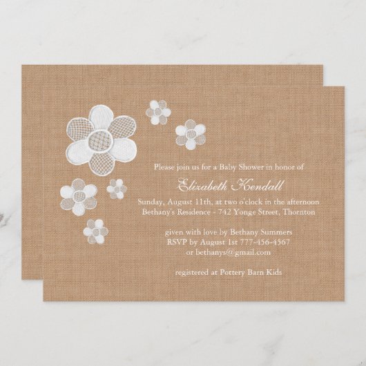 Hübsche Spitzen-Blume auf Burlap Baby Dusche Einla Einladung (Vorne/Hinten)