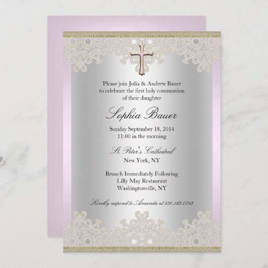 Hübsche Spitzen-Kreuztaufe/Christening-Einladung Einladung (Vorne/Hinten)