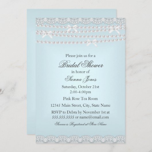 Hübsche Spitzen- & Perldusche Blauer Bridal Einlad Einladung (Vorne/Hinten)