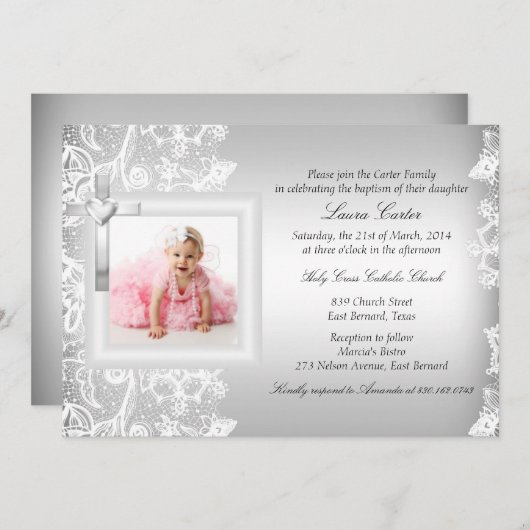 Hübsche Spitzen- und Kreuzsilbertaufe/Weihnachten Einladung (Vorne/Hinten)