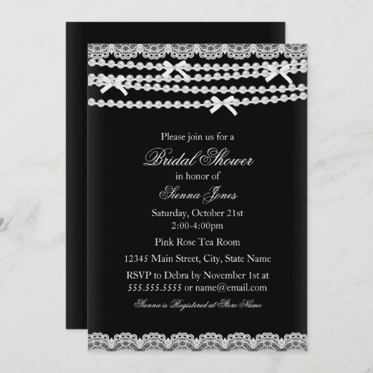 Hübsche Spitzen- und Perlendusche Schwarz Bridal E Einladung (Vorne/Hinten)