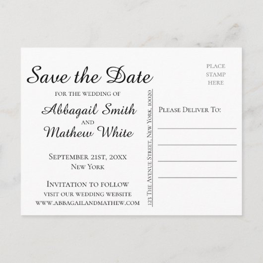 Hübsche Starlit Save the Date weiße Sterne auf Ankündigungspostkarte (Rückseite)