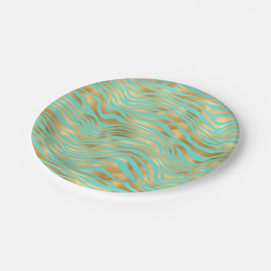 Hübsche Streifen Minze und Gold Pappteller (Schrägansicht)