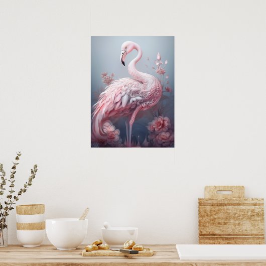 Hübsche Surreal Abstrakt rosa Flamingo auf Grau Poster (Küche)
