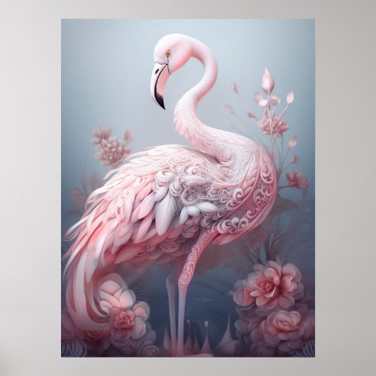 Hübsche Surreal Abstrakt rosa Flamingo auf Grau Poster (Vorne)