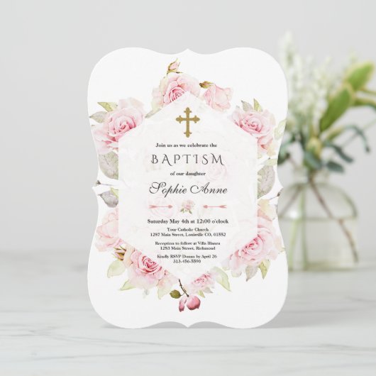 Hübsche Taufe der Rose mit blütenfarbenem geometri Einladung (Stehend Vorderseite)