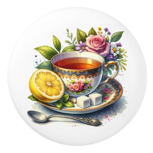 Hübsche Teetasse mit Tee und Zitrone Keramikknauf (Vorderseite)