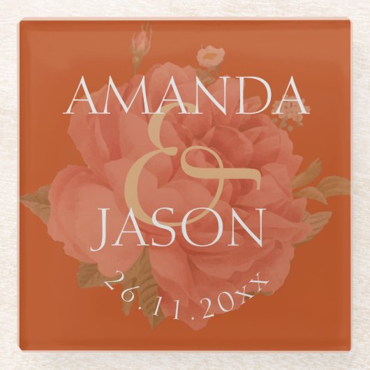 Hübsche Terracotta Rostflora Niedliche Hochzeitsfe Glasuntersetzer (Vorderseite)