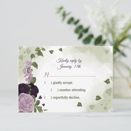 hübsche, tiefgrüne und hellviolette Blumen RSVP Karte (Stehend Vorderseite)