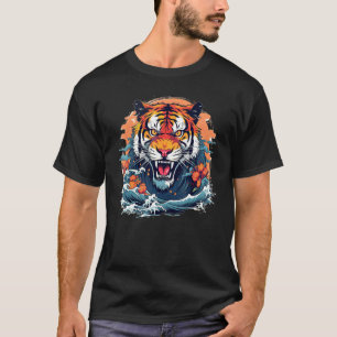 Hübsche Tigerkatze mit Meereswellen im japanischen T-Shirt