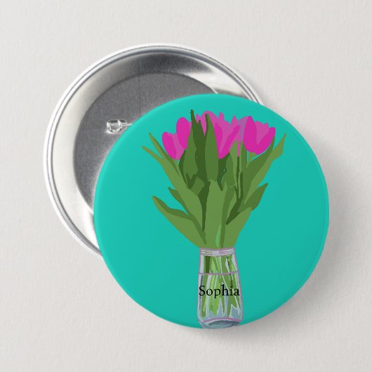 Hübsche Tulip Blume Moderne Illustration + Name Button (Vorne & Hinten)