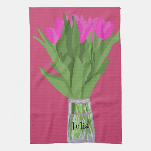 Hübsche Tulip Blume Moderne Illustration + Name Geschirrtuch (Vertikal)