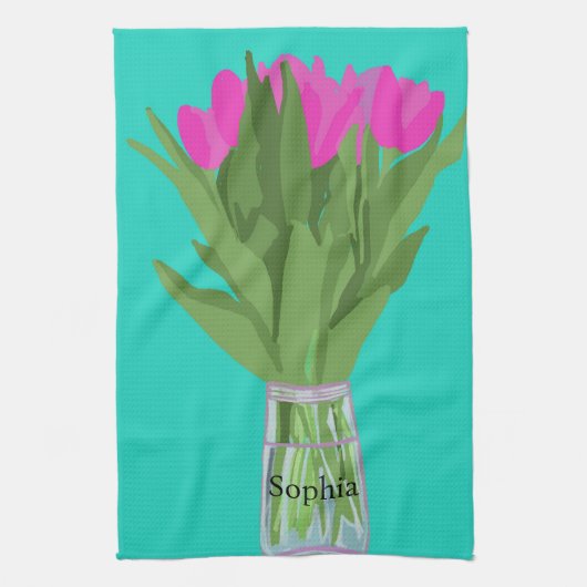 Hübsche Tulip Blume Moderne Illustration + Name Geschirrtuch (Vertikal)