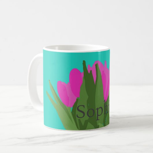 Hübsche Tulip Blume Moderne Illustration + Name Kaffeetasse (Vorderseite Links)