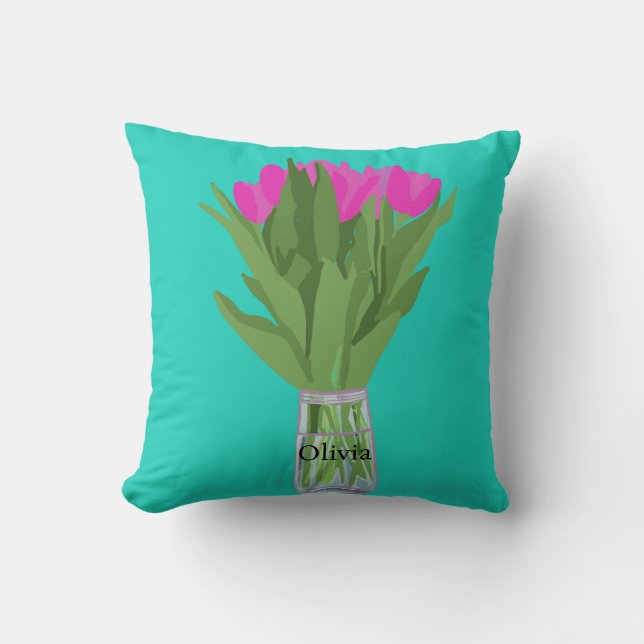 Hübsche Tulip Blume Moderne Illustration + Name Kissen (Vorderseite)
