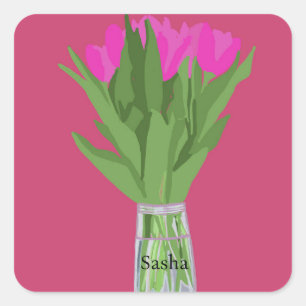 Hübsche Tulip Blume Moderne Illustration + Name Quadratischer Aufkleber