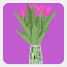 Hübsche Tulip Blume Moderne Illustration + Name Quadratischer Aufkleber