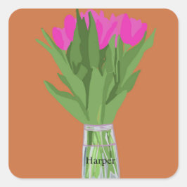 Hübsche Tulip Blume Moderne Illustration + Name Quadratischer Aufkleber
