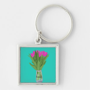 Hübsche Tulip Blume Moderne Illustration + Name Schlüsselanhänger