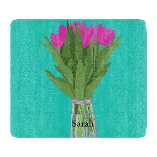 Hübsche Tulip Blume Moderne Illustration + Name Schneidebrett (Vorderseite)
