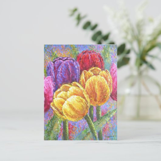 Hübsche Tulips Bläserfarbene Blume Handgemalt Postkarte (Stehend Vorderseite)