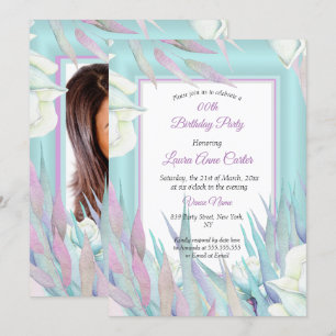 Hübsche Türkis Lila Blumen Foto Geburtstagsfeier Einladung