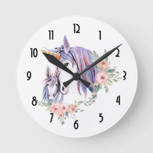 Hübsche Unicorn Mama & Baby Watercolor Runde Wanduhr