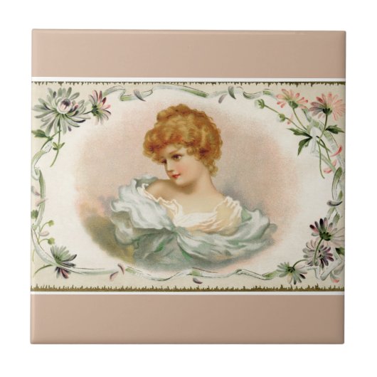 Hübsche viktorianische Dame mit Blumen Fliese (Vorderseite)