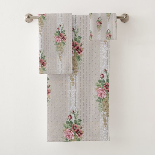 Hübsche Viktorianische Rosen und weiße Spitzen Badhandtuch Set (Insitu)