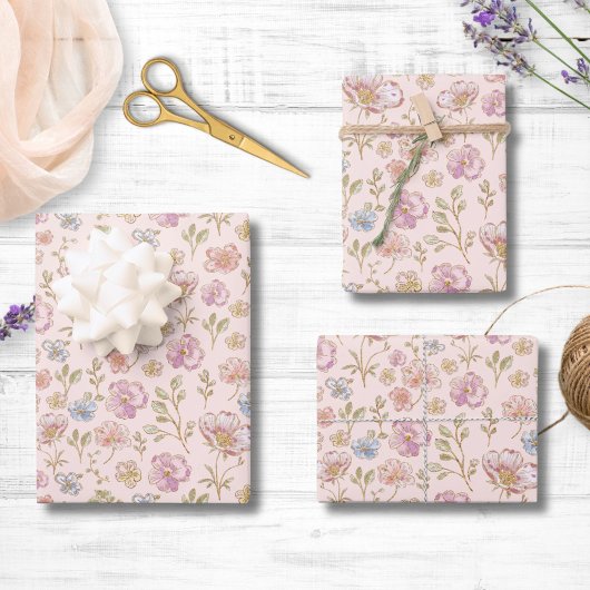 Hübsche Vintage-Blumen Blumenmuster Geschenkpapier Set