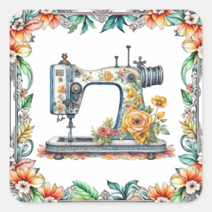 Hübsche Vintage Blumennähmaschine und Blume Quadratischer Aufkleber