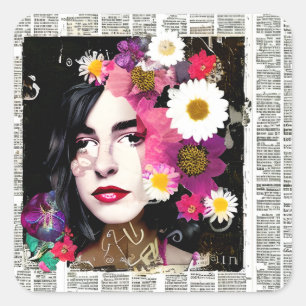 Hübsche Vintage-Dame Papiercollage Zeitung Quadratischer Aufkleber