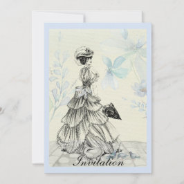 Hübsche Vintage Dame und blaue Blumen Einladung