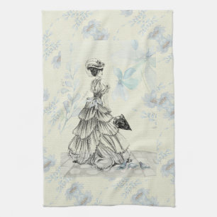 Hübsche Vintage-Dame und blaue Blumen Geschirrtuch