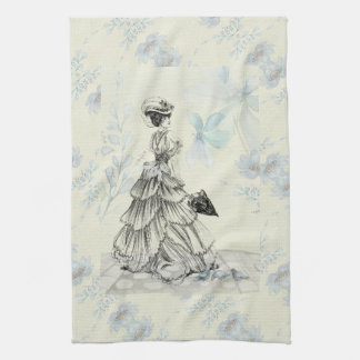 Hübsche Vintage-Dame und blaue Blumen Geschirrtuch