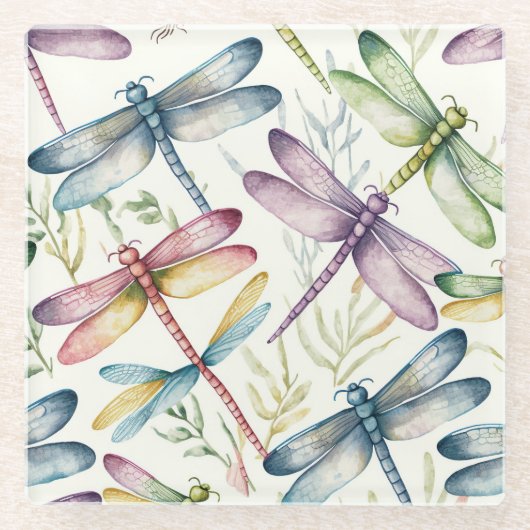 HÜBSCHE VINTAGE DRAGONFLIEN IN BLAUEM GRÜNGELBEN GLASUNTERSETZER (Vorderseite)