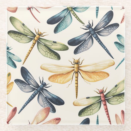HÜBSCHE VINTAGE DRAGONFLIEN IN BLAUEM GRÜNGELBEN GLASUNTERSETZER (Vorderseite)