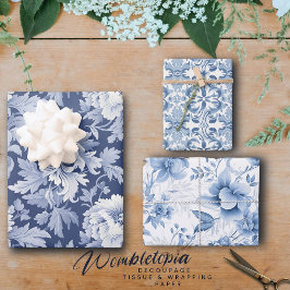 Hübsche Vintage französische Florals in Blau und W Geschenkpapier Set