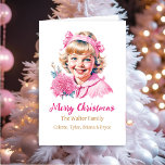 Hübsche Vintage Girl | Rosa Weihnachten Personalis<br><div class="desc">Hübsche personalisierte Weihnachtskarte in Rosa und Weiß mit einem Vintagen kleinen Mädchen,  das mit Bändern und Blume lächelt,  Viktorianische altmodische Weihnachtszeit.</div>