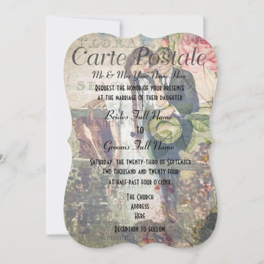 Hübsche Vintage Postkartenhochzeit Einladung (Rückseite)