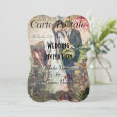 Hübsche Vintage Postkartenhochzeit Einladung (Stehend Vorderseite)