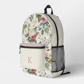Hübsche Vintage Rose Muster Mit Monogramm Bedruckter Rucksack