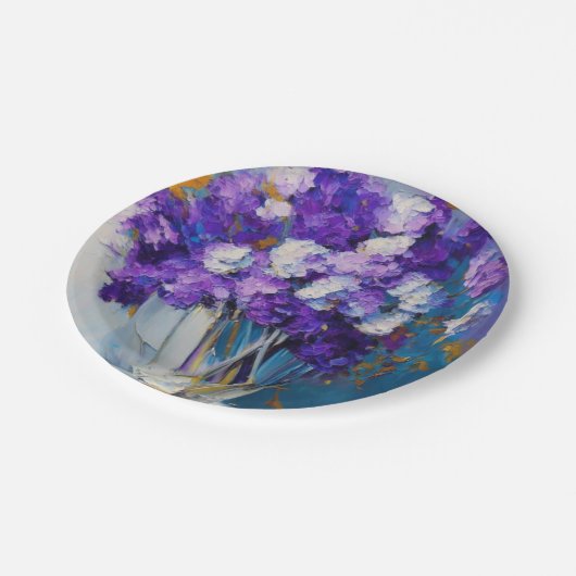 Hübsche Vintage violette Blumen Pappteller (Schrägansicht)