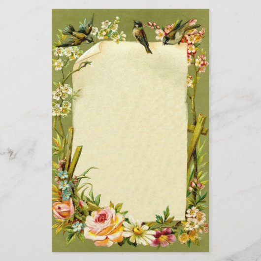 Hübsche Vintage Vogel-u. Blumen-Grenzdekoration Briefpapier (Vorderseite)