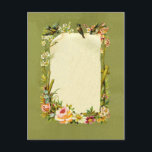 Hübsche Vintage Vögel und Blume Grenzdekoration Postkarte<br><div class="desc">Wirklich schöne antike Grenze mit einem weißen Stück Pergamentpapier, umgeben von Wildvögeln und hübschen Blume, entworfen mit Vintagen Illustrationen mit freundlicher Genehmigung von The Graphics Fairy. Sie können ganz einfach Ihre eigene Textempfindlichkeit im Leerzeichen hinzufügen oder Fotos hinzufügen, um Ihr eigenes personalisiertes Design zu erstellen. Bilder auf verschiedenen Geschenken und...</div>