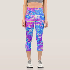 Hübsche Violett-Blau- und Limettengrüne Blume Capri Leggings